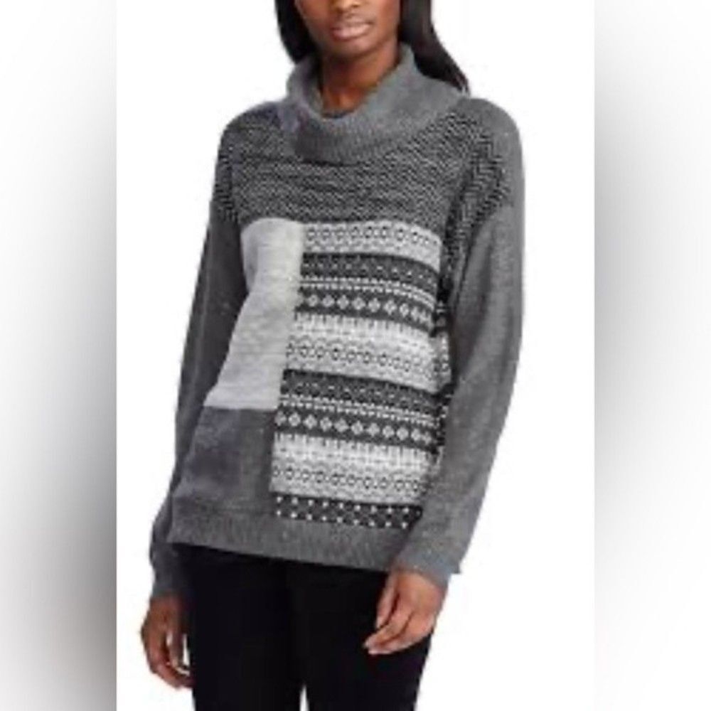 Chaps Large Sweater Fair Isle Turtleneck Pullover Grey